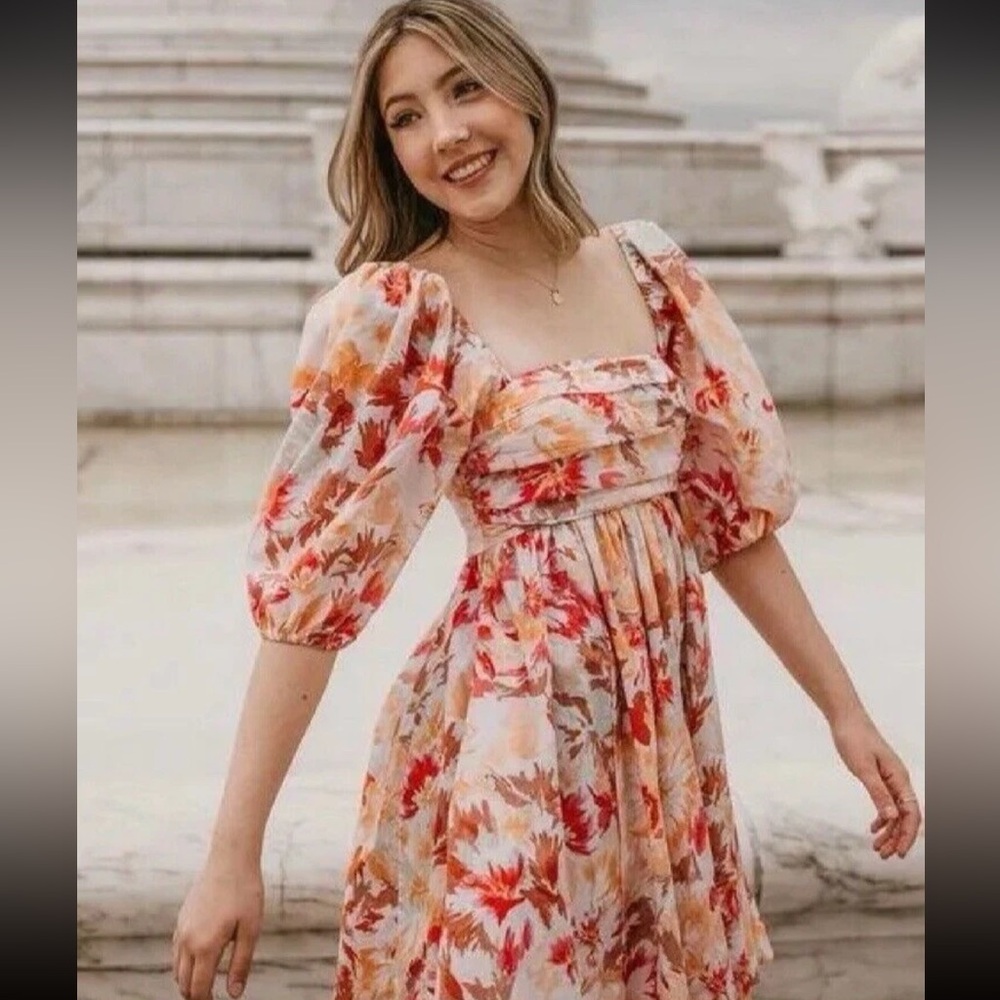 Abercrombie & Fitch Orange Floral Emerson Poplin Puff Sleeve Babydoll Dress XS